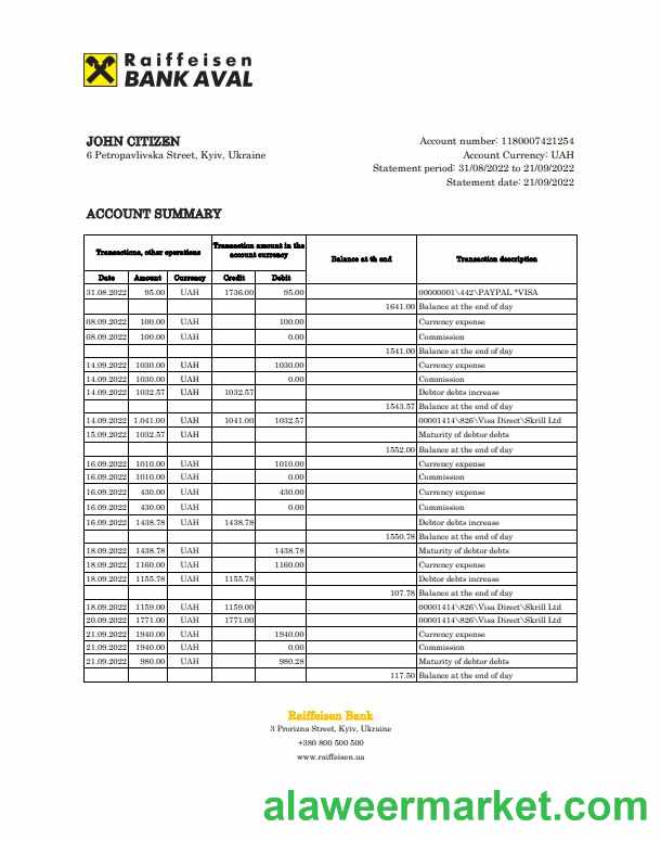 Ukraine Raiffeisen bank statement, Excel and PDF template